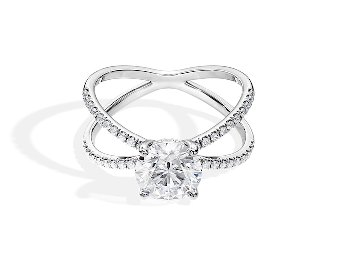 Criss Cross Engagement Ring / 1.5 CT Lab Grown Diamond Ring / Unique White Gold Engagement Ring / Hidden Halo / X Shape Ring / Split Shank