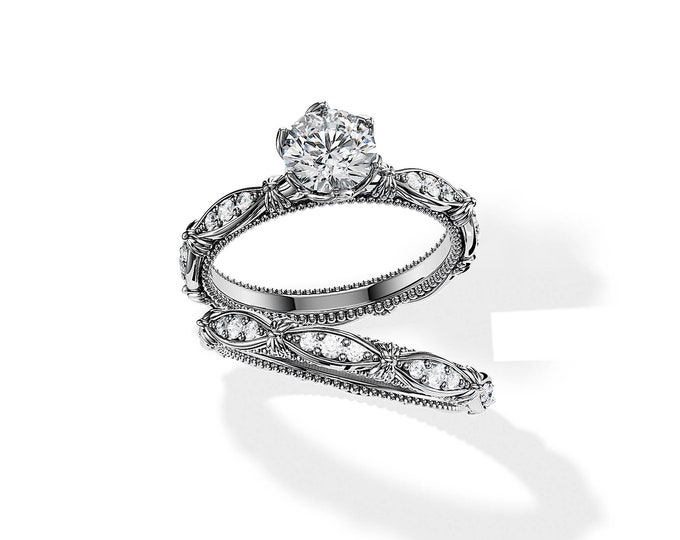 Nature Inspired Bridal Set / 1 Carat Natural Diamond Engagement Ring Set /  White Gold Floral Rings / Bridal Set / H-SI1 GIA Certified