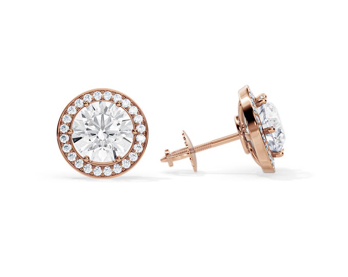 2 CT Total Diamond Stud Earrings / 2 Carat Halo Natural Diamond Earrings / Rose Gold Pair of Earrings / Round Diamond / SI1-F GIA Certified