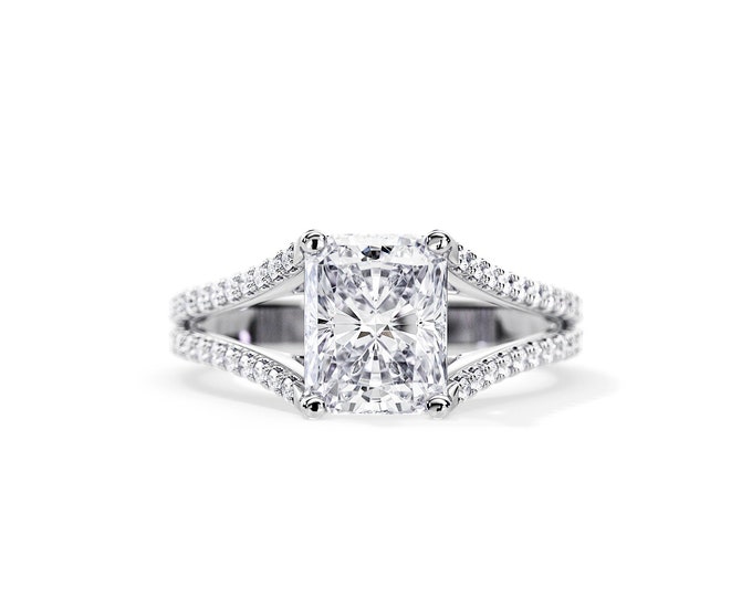 3 Carat Radiant Moissanite Ring / Split Shank Engagement Ring / 0.65ct Accent Lab Diamonds / Unique Engagement Ring / Cathedral Ring / 3 CT