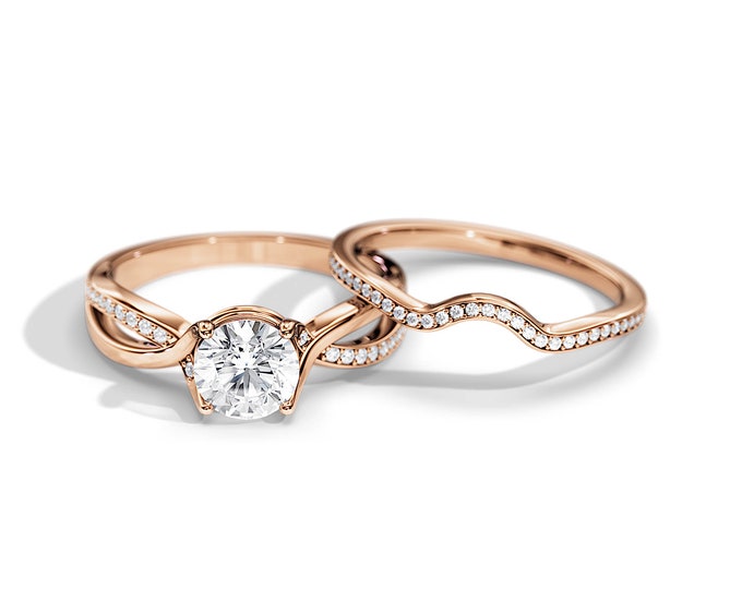 1 Carat Moissanite Split Shank Engagement Ring Set / Twisted Bridal Set / Rose Gold Wedding Rings / Moissanite Ring / Curved Wedding Band