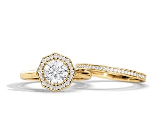 1 Carat Moissanite Hexagonal Halo Engagement Ring Set / Floral Bridal Set / Nature Inspired Wedding Rings / 14k 18k Gold Moissanite Ring Set