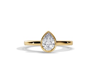 1 Carat Pear Moissanite Bezel Set Engagement Ring / Yellow Gold Art Deco Ring / Hidden Halo / Unique Ring / Moissanite Ring / Pear Cut Ring