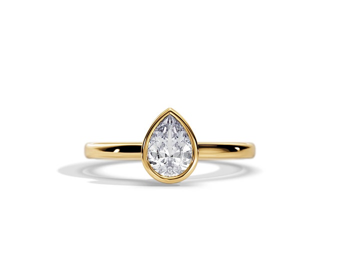 1 Carat Pear Moissanite Bezel Set Engagement Ring / Yellow Gold Art Deco Ring / Hidden Halo / Unique Ring / Moissanite Ring / Pear Cut Ring