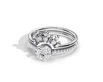 1 Carat Natural Diamond Dainty Bridal Set / Crown Diamond Bridal Set / SI1-H GIA Certified /  White Gold Art Deco Ring Set / Crown Ring Set
