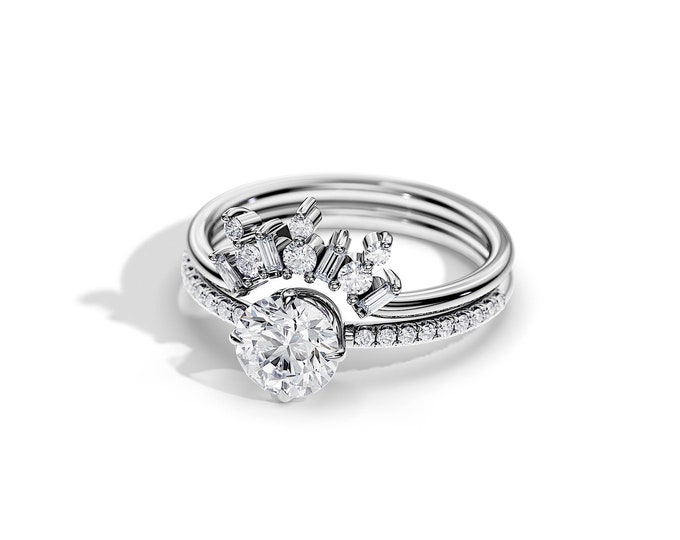 1 Carat Natural Diamond Dainty Bridal Set / Crown Diamond Bridal Set / SI1-H GIA Certified /  White Gold Art Deco Ring Set / Crown Ring Set