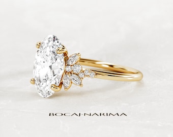 3 Carat Oval Moissanite Nature Inspired Engagement Ring / 3CT Oval Leaf Floral Ring / 14K Gold Dainty Cluster Moissanite Ring / 11x8 Oval