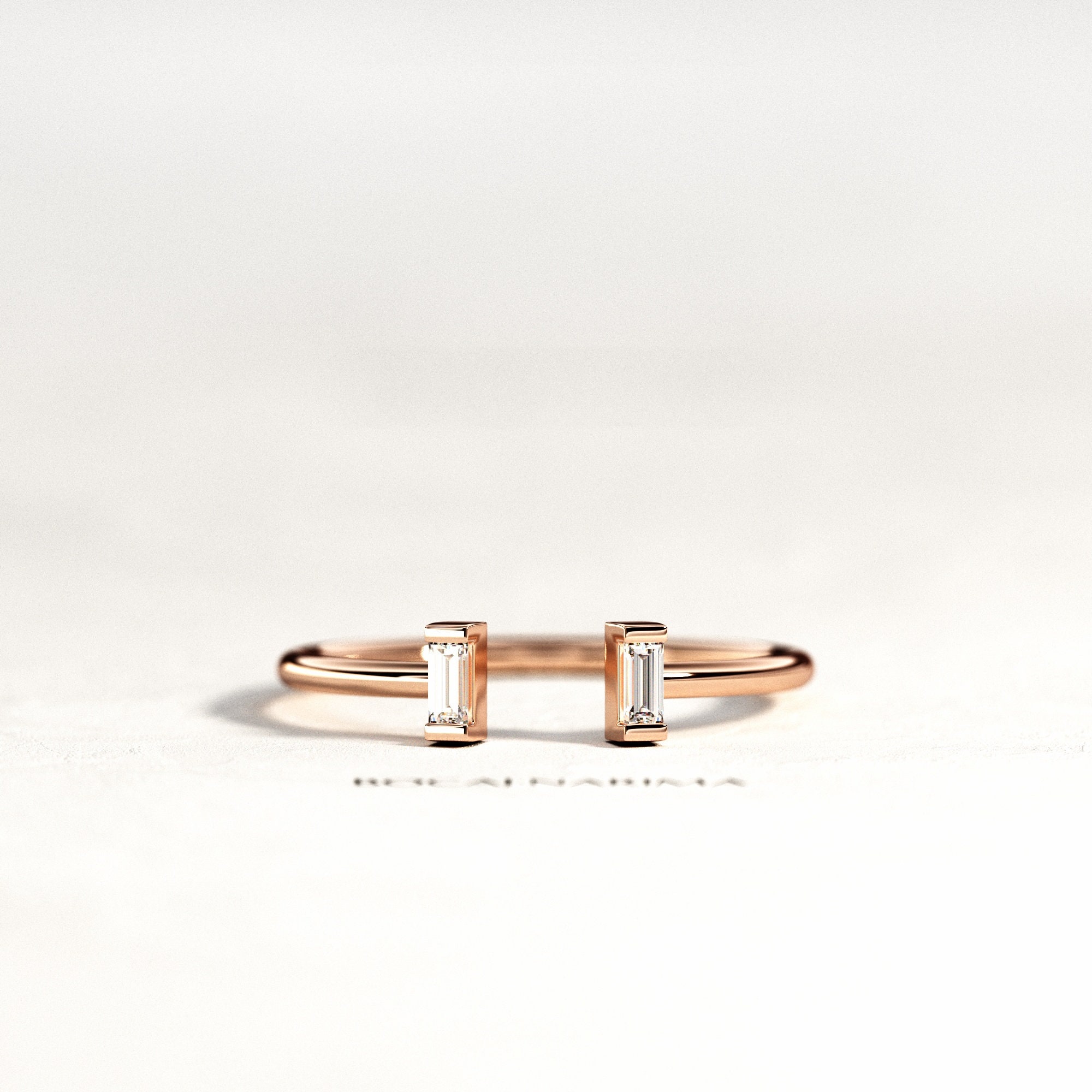 Baguette Diamond Ring / 14K, 18K Rose Gold Baguette Open Ring / Dainty ...