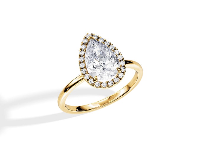 2 Carat Pear Lab Grown Diamond Ring / 2 CT Pear Lab Diamond Engagement Ring / Pear Halo Engagement Ring / Thin Engagement Ring / 14K Gold
