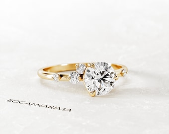1 Carat Round Brilliant Moissanite Organic Engagement Ring / Yellow Gold Nature Inspired Ring / Boho Diamond Ring /  1ct Engagement Ring