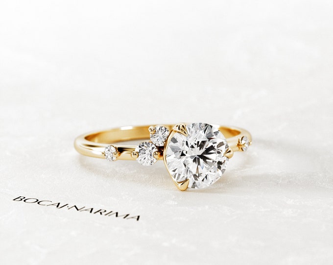 1 Carat Round Brilliant Moissanite Organic Engagement Ring / Yellow Gold Nature Inspired Ring / Boho Diamond Ring /  1ct Engagement Ring