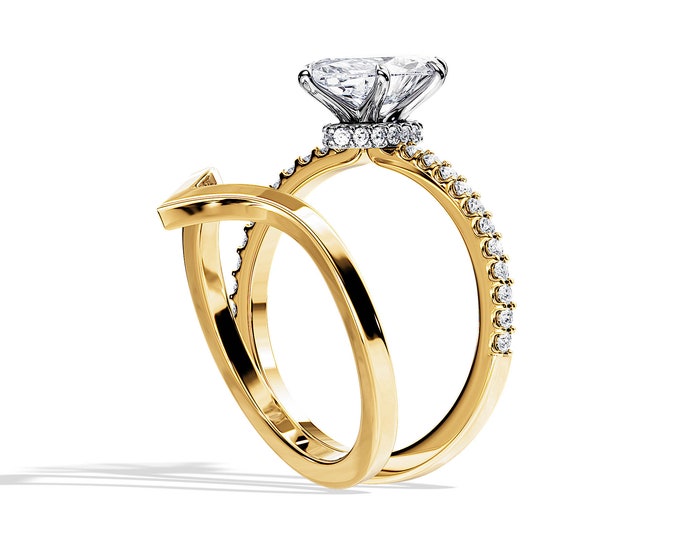 1.5 CT Marquise Lab Diamond Engagement Ring Set / White Gold Bridal Set / Hidden Halo and Pave Engagement Ring / 1.5 Carat Lab Grown Diamond
