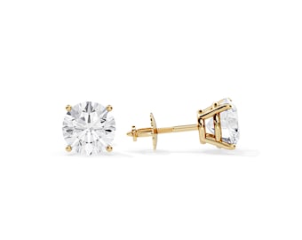 2 Carat Lab Grown Diamond Stud Earrings / Basket Stud Earrings Yellow Gold / Screw Back Earrings / Round Cut Diamond / Lab Diamond Earrings