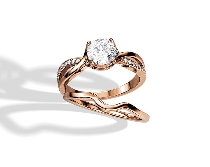 1 CT Moissanite Split Shank Engagement Ring / Unique Bridal Set / Rose Gold Wedding Rings / Moissanite Ring / Moissanite Bridal Set