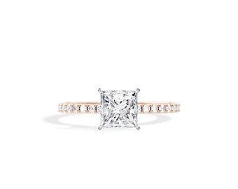 1.5 Carat Princess Cut Moissanite Engagement Ring / 0.53ct Lab Diamonds / Rose Gold Hidden Halo Engagement Ring / Moissanite Bridal Ring