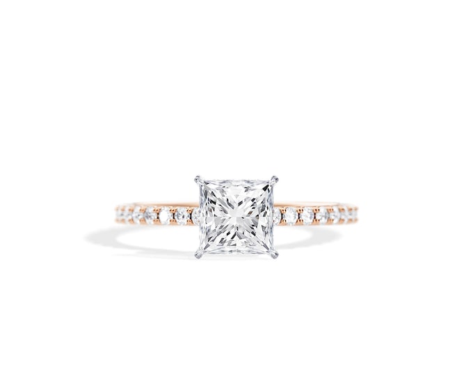 1.5 Carat Princess Cut Moissanite Engagement Ring / 0.53ct Lab Diamonds / Rose Gold Hidden Halo Engagement Ring / Moissanite Bridal Ring