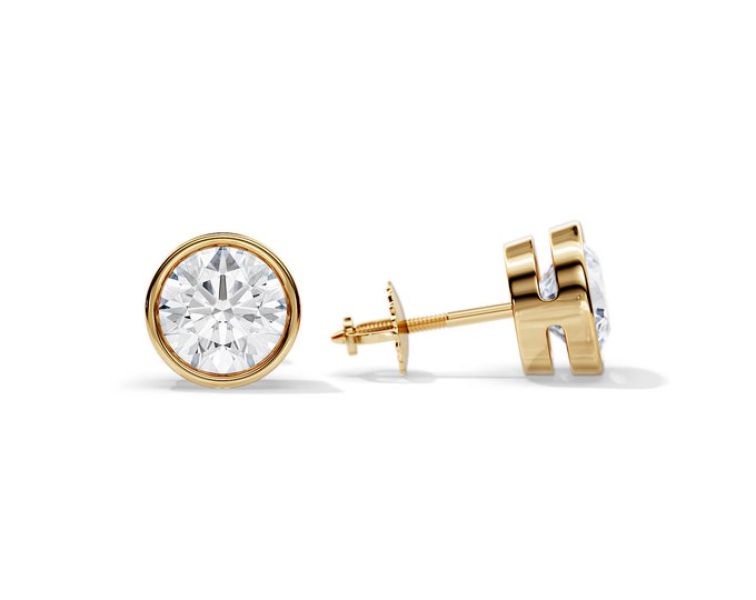 Bezel Set 3 Carat Moissanite Bezel Set Earrings / Stud Basket Earrings / 14K 18K Gold Screw Back Earrings / Round Colorless Moissanite