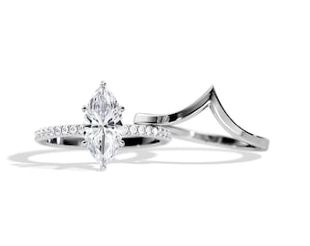 Marquise Engagement Ring Set / 2 Carat Moissanite Ring / White Gold Bridal Set / Hidden Halo / Chevron Wedding Band Set / 2 CT Marquise Ct