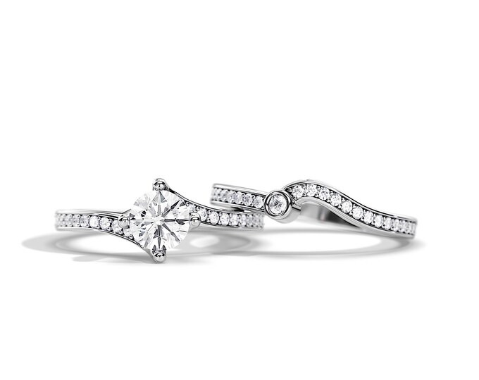 1 Carat Lab Grown Diamond Bypass Engagement Ring Set / Unique Bridal Set / White Gold Lab Diamond Ring Set / Wedding Rings / Matching Rings
