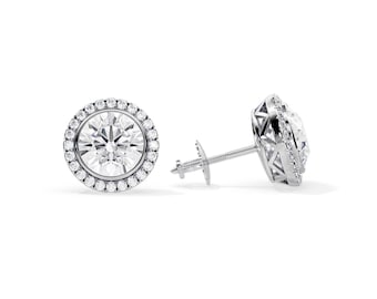 2 Carat Lab Grown Diamond Bezel Set Earrings / Halo Stud Earrings / White Gold Screw Stud Earrings / Dainty Gallery Earrings / CVD Diamonds