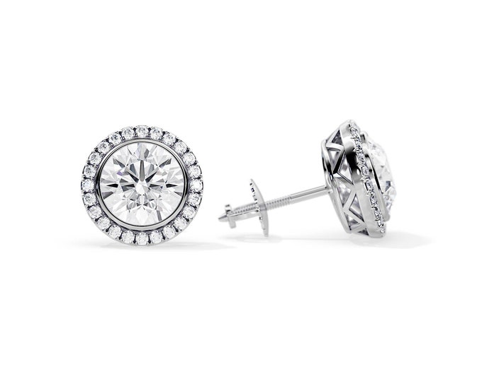 2 Carat Lab Grown Diamond Bezel Set Earrings / Halo Stud Earrings / White Gold Screw Stud Earrings / Dainty Gallery Earrings / CVD Diamonds