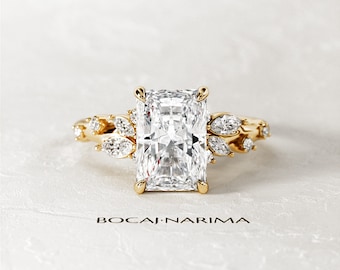 2 Carat Radiant Lab Grown Diamond Nature Inspired Ring / Elongated Radiant Twig Lab Diamond Ring / 14k gold Leaf and Branch CVD Diamond Ring