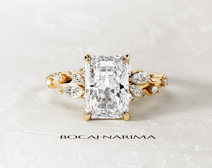 2 Carat Radiant Lab Grown Diamond Nature Inspired Ring / Elongated Radiant Twig Lab Diamond Ring / 14k gold Leaf and Branch CVD Diamond Ring