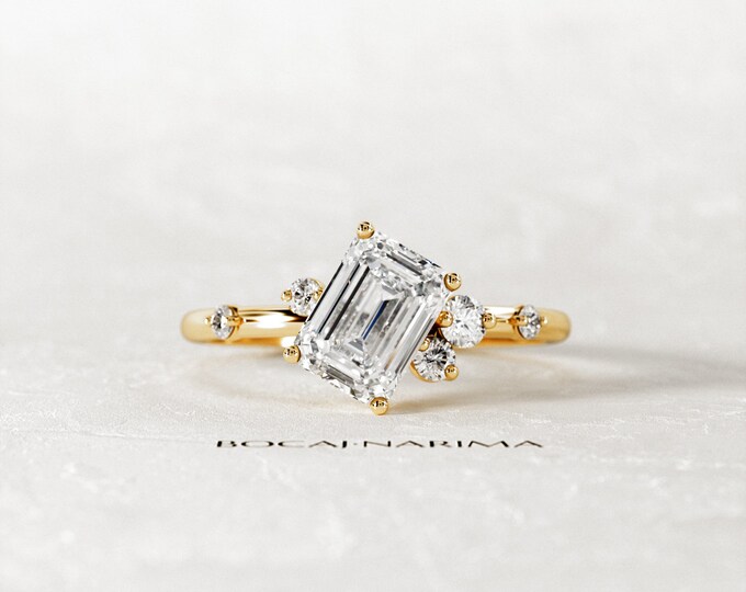 1 Carat Emerald Cut Moissanite Nature Inspired Engagement Ring / Organic Ring / 14K Gold Floral Moissanite Ring / Proposal Ring / Twig Ring