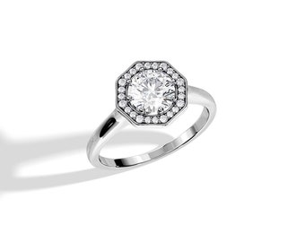 1 Carat Natural Diamond Ring / White Gold Art Deco Engagement Ring / Hexagonal Ring / Unique Halo Ring / 1 Carat Round Brilliant Diamond