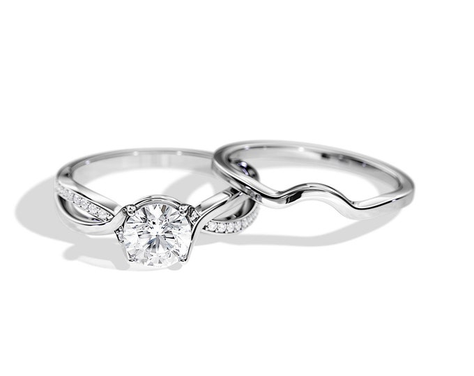 1CT Lab Grown Diamond Ring / Lab Diamond Bridal Set / White Gold Engagement Ring Set / Split Shank Engagement Ring / Twisted Rings Set