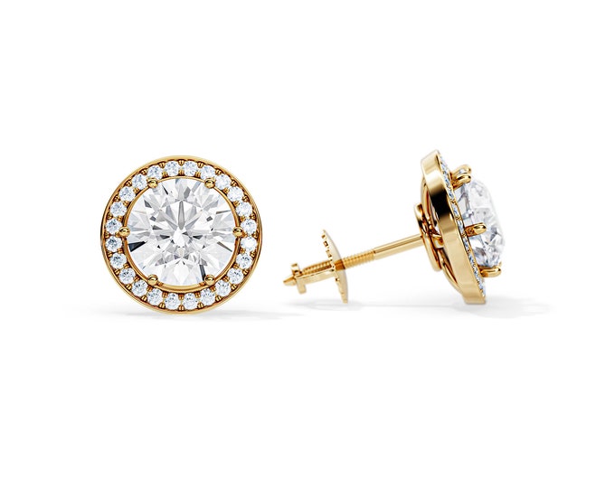 2 Carat Total Diamond Stud Earrings / 2 Carat Halo Lab Grown Diamond Earrings / Yellow Gold Pair of Earrings / Round Diamond / CVD Diamonds