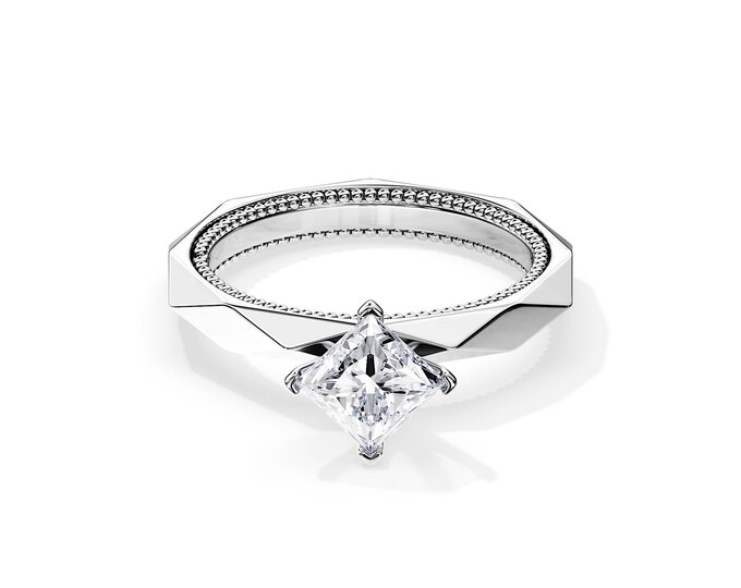 1 Carat Princess GIA Diamond Ring / Pyramid Diamond Ring / Unique Diamond Ring / 14K White Gold Engagement Ring / Bespoke Diamond Ring