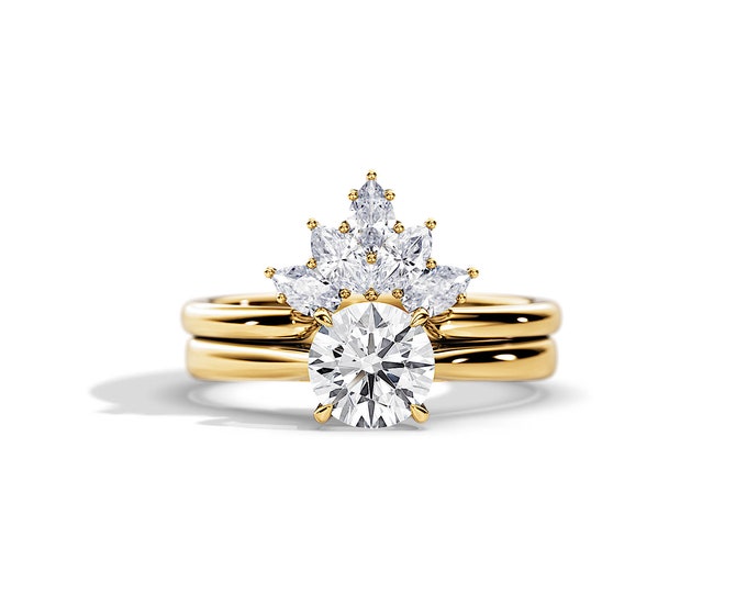 Crown Bridal Set / 1 CT Moissanite Solitaire Ring & 0.55ct Diamonds Wedding Band / Yellow Gold Ring Set / Art Deco Bridal Set / Unique Rings