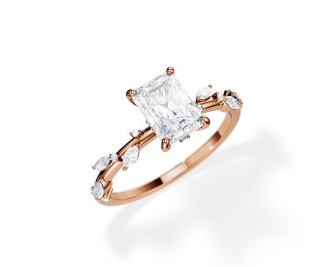 Twig Engagement Ring / 1 CT Radiant Moissanite Ring / 14K Rose Gold Nature Engagement Ring / Leaf Ring / 0.2ct Diamonds / Branch Ring /
