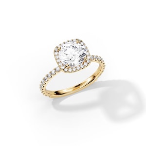 2 Carat E VVS2 Round Lab Diamond Halo Engagement Ring / High Set Hidden Halo & Pave Prongs Unique 14K Yellow Gold Diamond Ring / 18k Gold