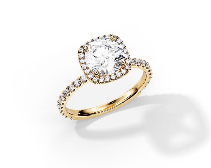 2 Carat E VVS2 Round Lab Diamond Halo Engagement Ring / High Set Hidden Halo & Pave Prongs Unique 14K Yellow Gold Diamond Ring / 18k Gold