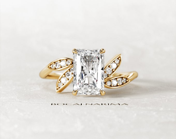1.5 Carat Emerald Cut Lab Grown Diamond Nature Inspired Engagement Ring / Organic Ring / Floral Diamond Ring /  14K Gold CVD Proposal Ring