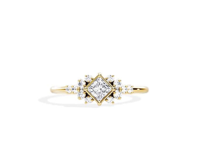 0.5 CT Princess Cut Diamond Engagement Ring / 18K 14K Gold Art Deco Engagement Ring / Cluster Ring / Bezel Set / Unique Engagement Ring