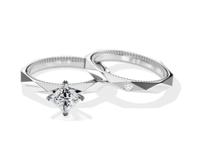1CT Princess Cut Natural Diamond Ring / Unique Bridal Set / Faceted Engagement Ring Set / White Gold Rhombus Ring Set / VS2-H GIA Certified