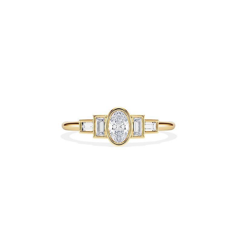 Art Deco Diamond Ring / Baguette & Oval Diamond Engagement Ring / Bezel Set Diamond Ring / ArtDeco Ring / Dainty Engagement Ring / 14K Gold image 1