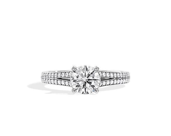Split Shank Engagement Ring / 1.35 TCW Lab Grown Diamond Ring / 1CT Round Diamond / Hidden Halo / Split Engagement Ring / 14k 18k White Gold