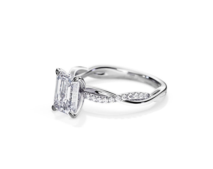 2.5 CT Emerald Cut Lab Grown Diamond Ring / Vine Engagement Ring / White Gold Bridal Ring / Twisted Ring / Swirl Ring / Unique Proposal Ring