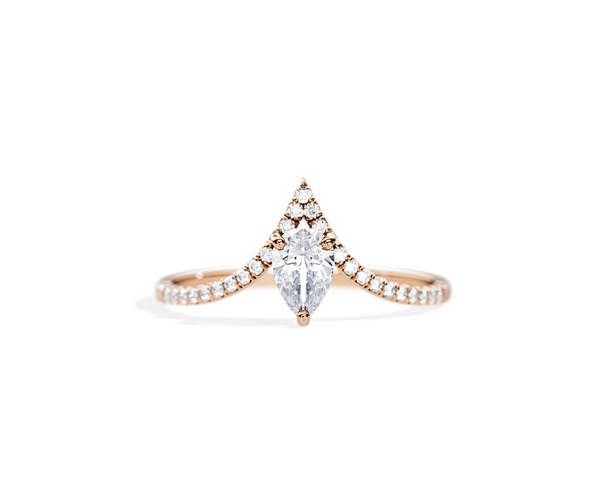 0.5 CT Pear Lab Diamond Ring / Chevron Engagement Ring / Unique Engagement Ring / Nested Engagement Ring / V Shape Ring / Lab Grown Diamond