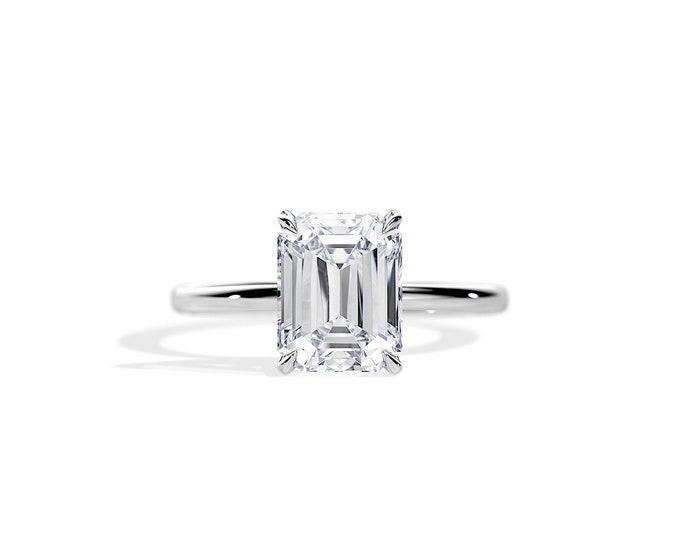 2.5 CT Emerald Cut Lab Grown Diamond Ring / Thin Engagement Ring / 14K White Gold Diamond Engagement Ring / VVS2-F Emerald Cut CVD Diamond