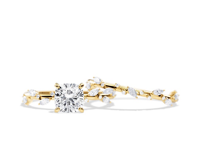 1.5 Carat Cushion Lab Diamond Nature Inspired Engagement Ring / Twig Bridal Set / 0.45ct Natural Diamonds / Yellow Gold Branch Rings Set