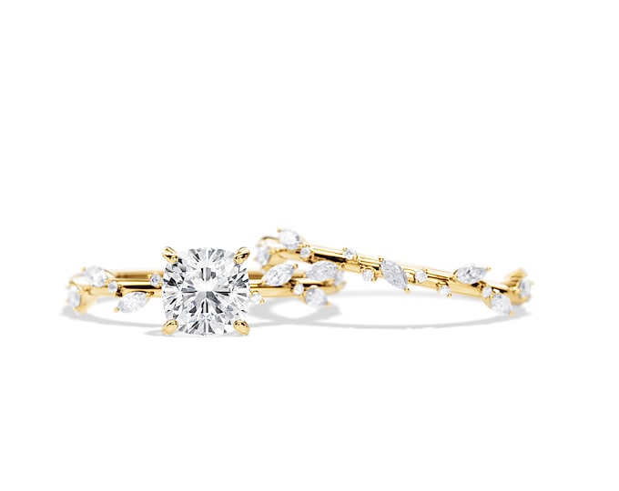 1.5 Carat Cushion Lab Diamond Nature Inspired Engagement Ring / Twig Bridal Set / 0.45ct Natural Diamonds / Yellow Gold Branch Rings Set