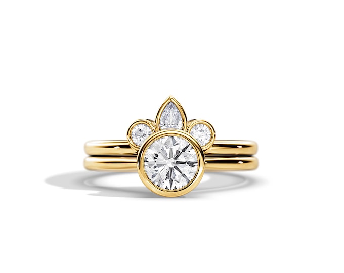 Bezel Set Engagement Ring Set / Art Deco Bridal Set / Yellow Gold Crown Ring Set / Bridal Set / 1CT Moissanite Ring / Hidden Halo Engagement