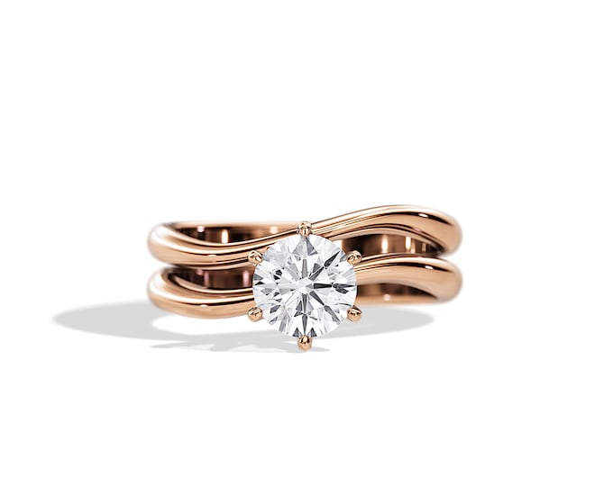 1 Carat Lab Diamond Swirl Bridal Set / Round CVD Grown Swirly Solitaire Ring Set / Rose Gold Wave Ring Set / Unique Engagement Ring Set