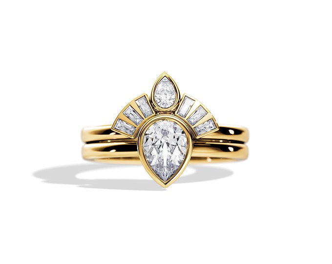 Bezel Set Art Deco Bridal Set / 1 Carat Pear Cut Lab Grown Diamond Engagement Ring Set / Yellow Gold Crown Diamond Ring / Artdeco Ring Set