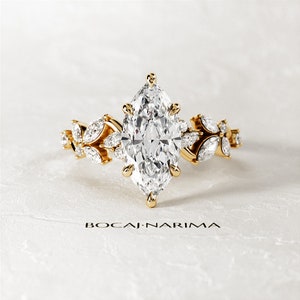 Anillo de compromiso inspirado en la naturaleza con diamante de laboratorio de talla marquesa de 2 quilates / Anillo de diamante CVD con forma de hoja y rama / Anillo de diamante con forma de ramita de talla marquesa en oro de 14 k